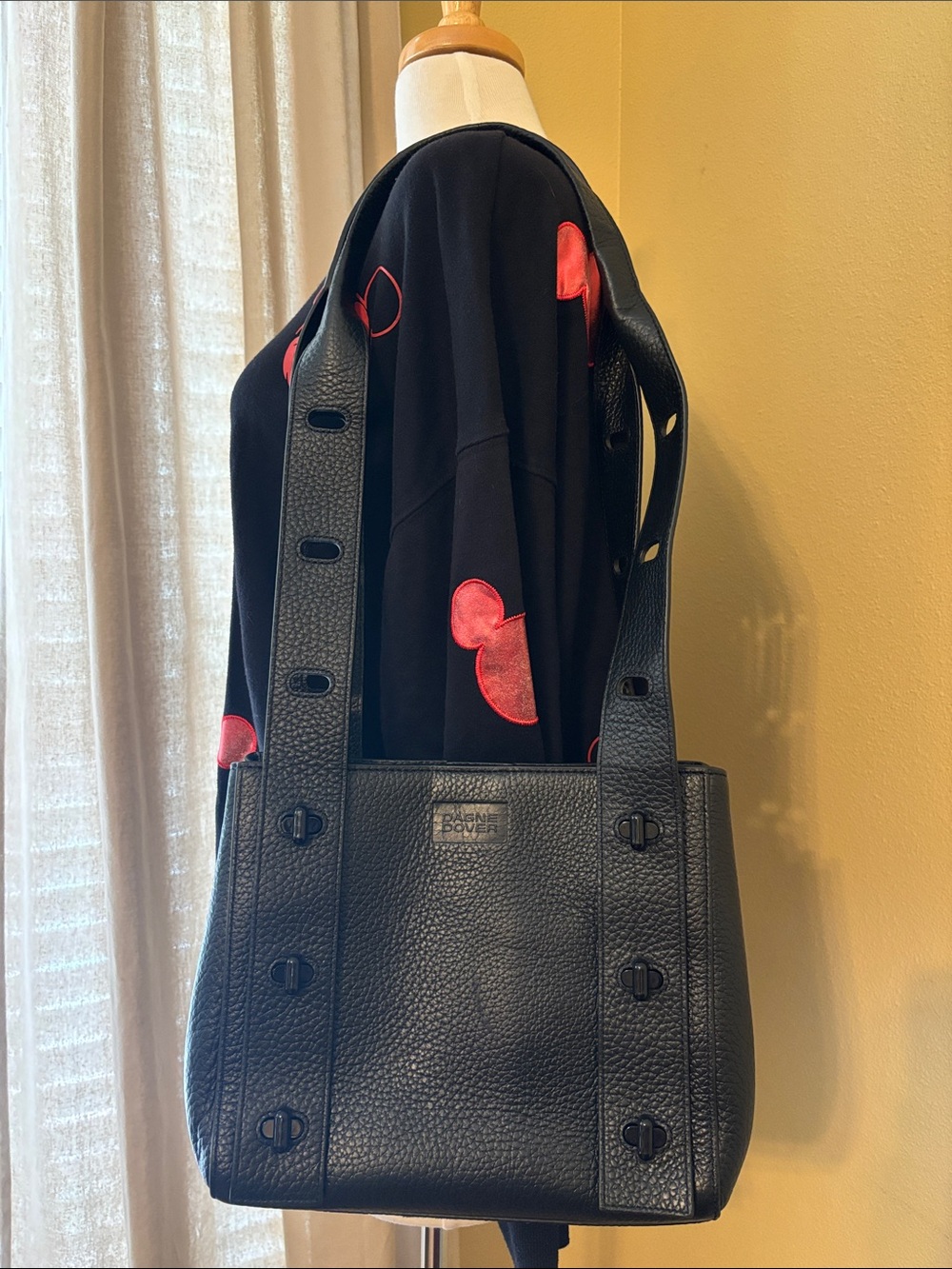 Dagne Dover Tokyo Turnkey Black Pebbled Leather Tote with Strap Detailing